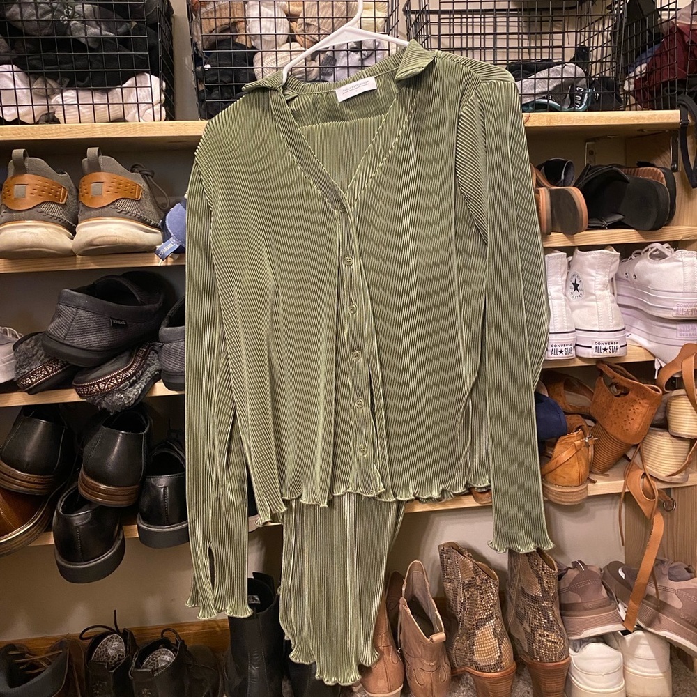 Olive Green Plisse Satin Matching Set from The Lifestyled Co.